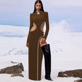 New Style Women's Sexy O Neck Cutout Black Beaded Long Bodyband Dress Elegant Celebrity Party Dress