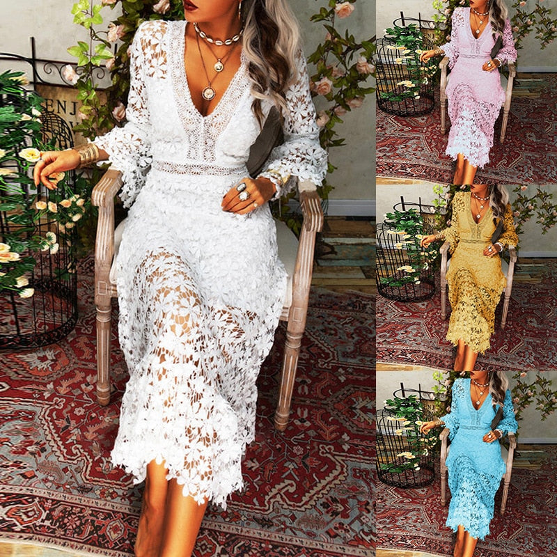 ElveswalleT Fashionable Autumn Women Dress Sexy Lace Long-sleeved V-neck Large-length Ladies Chic Vestidos Wedding Party Bridal Dress