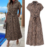 ElveswalleT Summer Sundress Women Elegant Dress Plus Size Short Sleeve Casual Loose Buttons High Waist Work Midi Vestidos Robe