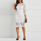 ElveswalleT Evening Party Date Women White See Through Hollow Out Floral Lace Bodycon Dress Office Lady Spring Summer Work Basic Dresses