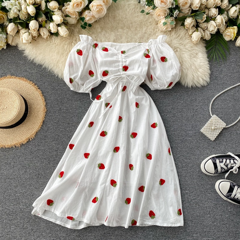 ElveswalleT Strawberry Dress Cherry Kawaii Embroidery Puff Sleeve Dress Women Vintage White Square Neck Beach Dresses Korean Clothes