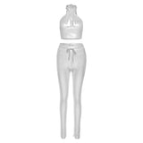 ElveswalleT Sexy Bright Women 2-Piece Suits Criss Cross Halter Camisole Tops+Skinny Split Pants Sportswear Female Night Clubwear