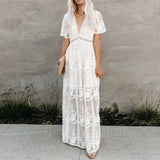 ElveswalleT Summer Boho Women Maxi Dress Loose Embroidery White Lace long Tunic Beach Dress Vacation Holiday Women Clothing