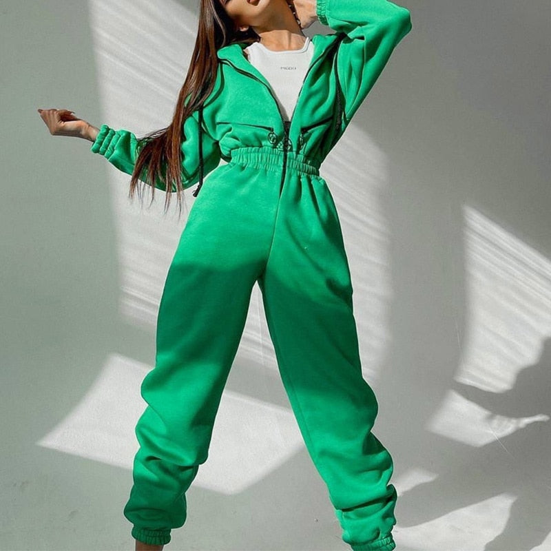 Casual Women Basic Hoodie Two Piece Sets Zipper Drawstring Jacket Outerwear And Elastic Pencil Pant Suit Autumn Winter Tracksuit