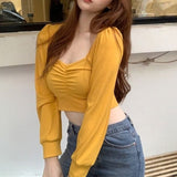 Korean Fashion Knitted Crop top T Shirt Streetwear Vintage Top Women Puff sleeve Basic Tshirt Skinny Sexy Clothes
