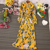Autumn New Dress Temperament Turtleneck Waist Slim Long Sleeves Lace Up Wild Floral Maxi Vestidos UK016