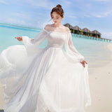 White Dress Elegant Fairy Chiffon Off Shoulder Dress Maxi Long Sleeve Sexy Beach Dresses Women Boho Autumn Clothes Vintage