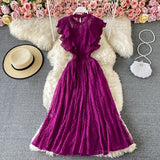 ElveswalleT Vintage Purple/Green/Red Lace Midi Dress Women Sweet Round Neck Ruffle Vestidos Female High Waist Slim Robe Spring Autumn