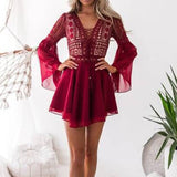 ElveswalleT Sexy Crochet Lace V-Neck Mini Dress Summer Flare Sleeve Chiffon Beach Sundress Elegant Women Dress Party Sexi