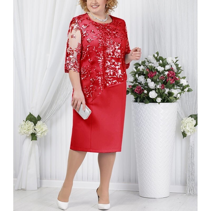 ElveswalleT   Fashion Trends Elegant Half Sleeve Lace Evening Dress Plus Size O Neck Short Mother Of The Bride Dresses Red Wedding Guest Party Gowns