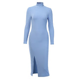 WannaThis Sexy Knee-Length Party Dresses Cotton Ribbed Knitted Turtleneck Solid Split Long Sleeve Autumn Mock Neck Elegant Dress