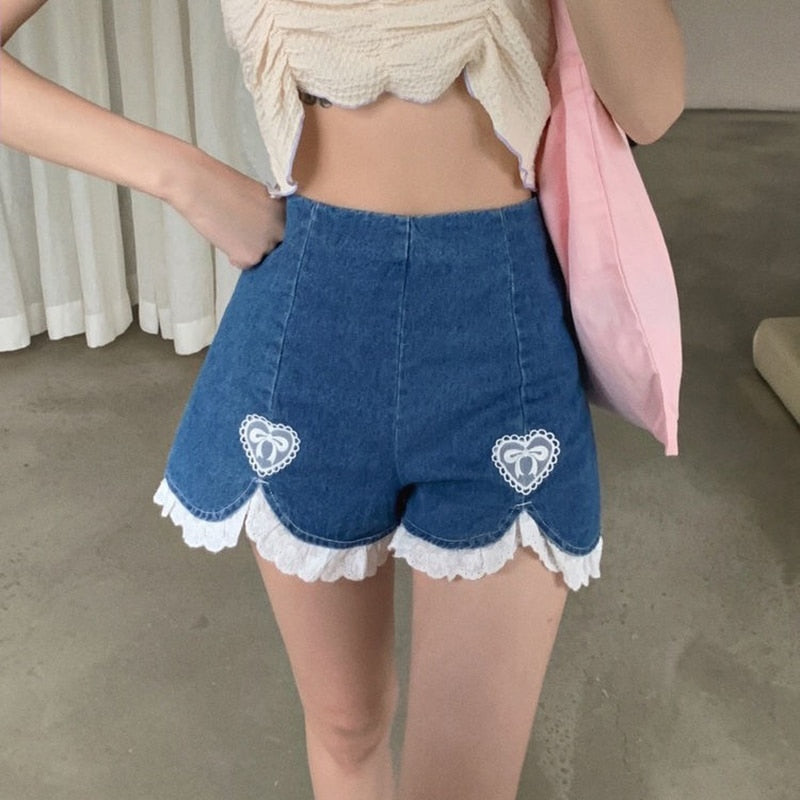 ElveswalleT Summer Outfits   Trends Cute Lolita Girls Denim Shorts Japanese Sweet High Waist Lace Irregular Women's Shorts S-4XL Summer Kawaii Sexy Blue Shorts