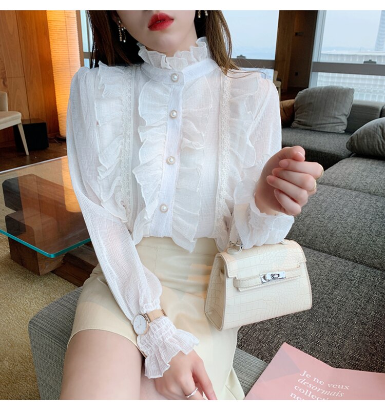 Woman Chic Long Sleeve Stand Collar Blouses Women Casual Loose White Tops Korean Lace Ruffles Elegant Chiffon Shirt Blusas