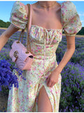 ElveswalleT Print Summer Dress Women Floral Short Puff Sleeves Square Collar Holiday MIDI Dress Female Drawstring High Slit Dress