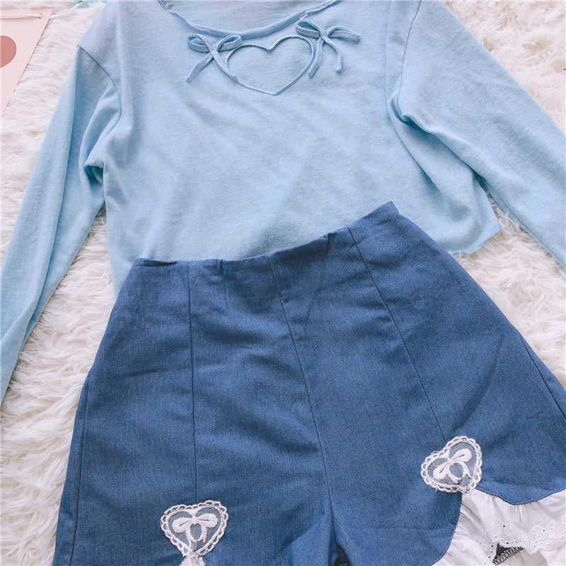 ElveswalleT Summer Outfits   Trends Cute Lolita Girls Denim Shorts Japanese Sweet High Waist Lace Irregular Women's Shorts S-4XL Summer Kawaii Sexy Blue Shorts