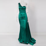 ElveswalleT   One Shoulder Padded Sexy Satin Maxi Dress Women's Evening Party Dress Gown with Ribbon Royal Blue Green Draped Long Dress