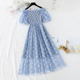 ElveswalleT small daisies embroidery mesh dresses women sexy off the shoulder french vintage party ruffle dresses elegant vestidos
