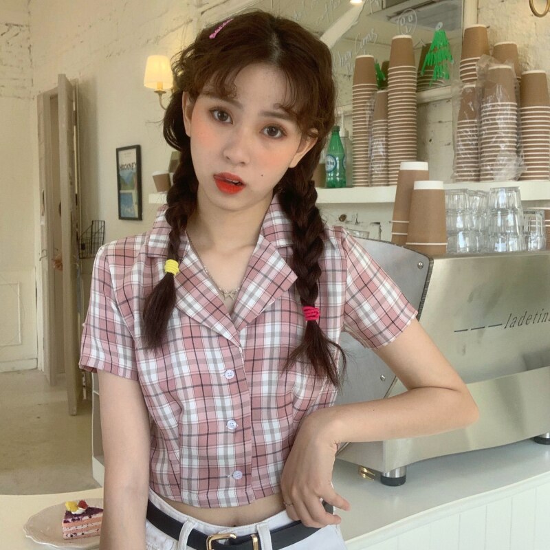 Summer blouse women vintage crop shirt streetwear plaid ladies tops elegant button up shirt korean crop top red
