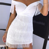 Sexy Sleeveless Bodycon Mini Dress Women White Off Shoulder Tassel Female Short Dresses Summer Party Club Bandage Vestidos