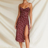 Newasia Wine Floral Dress Women Prairie Chic Spaghetti Straps Backless Chest Draped Lace Up Side Split Sexy Long Dresses