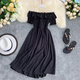 OCEANLOVE Women Summer Dresses Plaid Slash Neck Off Shouder Solid Vestidos Ruffles A-line High Waist Dress Robe Femme 11767