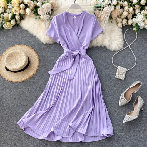 ElveswalleT Elegant Midi retro Dress Women's New Solid Color V-neck Lace-up Waist Slimming over-the-Knee Pleated Dress Office Lady