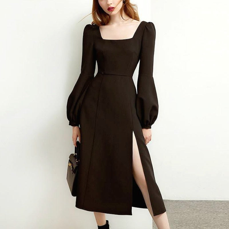 ElveswalleT Black Retro Split Dress Women Elegant Midi Designer Dress Female Long Sleeve Hepburn Style Chiffon Vintage Dress Fall  Women