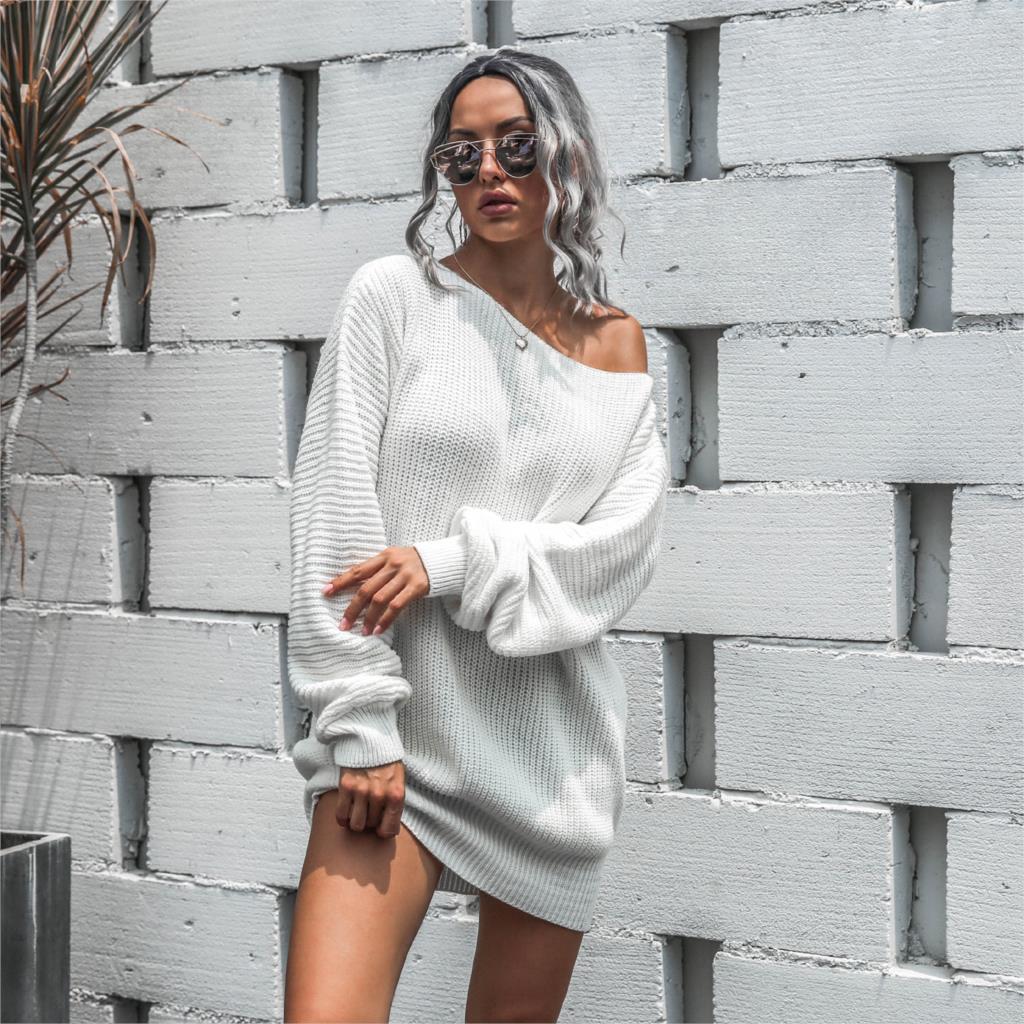 ElveswalleT The hottest ladies casual off-shoulder lantern sleeve knitted sweater dress