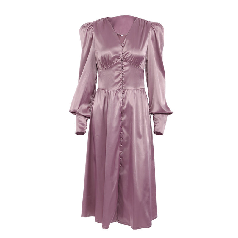 ElveswalleT Elegant spring satin bishop sleeve a-line dress women V-neck high waist button dress solid Vintage long dresses chic