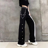 Women Fashion Contrast Cargo Pants Female New Arrival Elastic Waist Wide Leg Trousers Ladies Korean High Street Cotton Pant