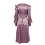 ElveswalleT Elegant spring satin bishop sleeve a-line dress women V-neck high waist button dress solid Vintage long dresses chic