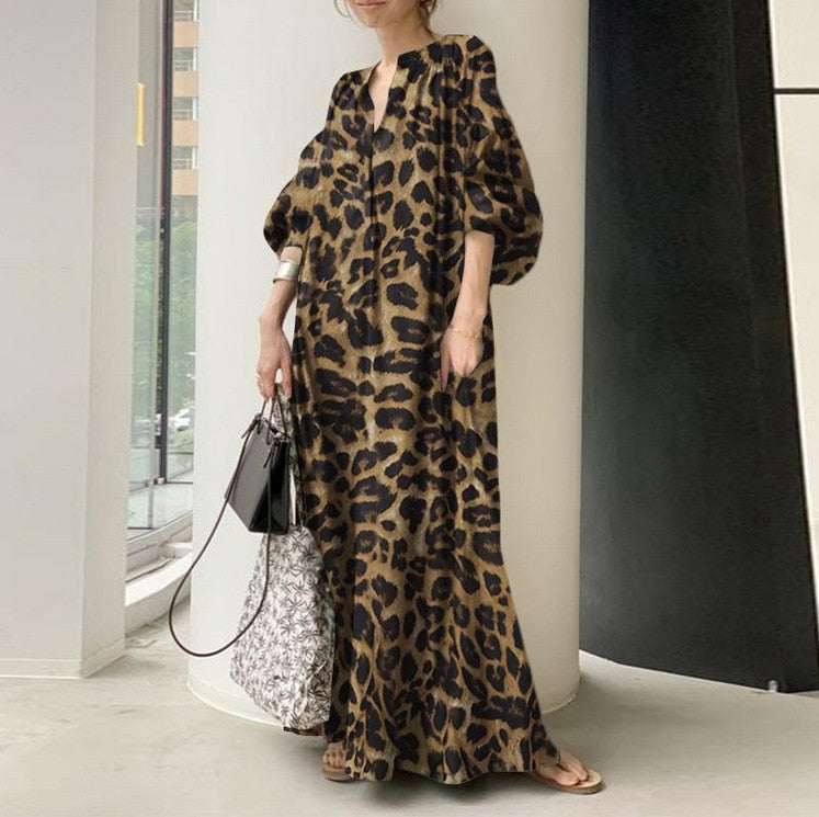 Fashion Printed Maxi Dress Women's Leopard Sundress   Spring Puff Sleeve Long Vestidos Female V Neck Robe Oversize