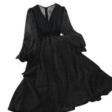 New Autumn V Neck Polka Dot Slim Chiffon Dress Button Puff Sleeve High Waist Elegant Women Mid-calf Dress