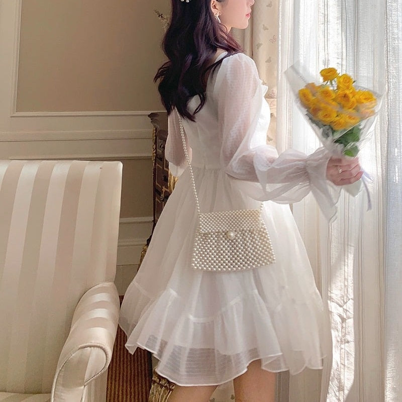 French Sweet Fairy Lolita Dress Women Long Sleeve Lace Y2k Mini Dress Vintage Kawaii Clothes One Piece Dress Korean Autumn
