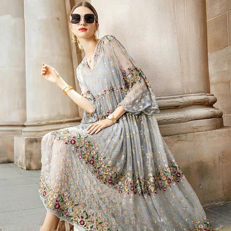 ElveswalleT Trends   high quality New Summer Brand Fashion Women High-end Luxury Vintage Sexy Slim Elegant Bead Embroidered Stitch Strap Lace Dress Y16