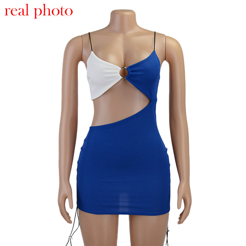 ElveswalleT Spaghetti Strap Drawstring Ruched Cut-Out Sexy Backless Mini Dress for Women Club Party Sleeveless Dresses Bodycon