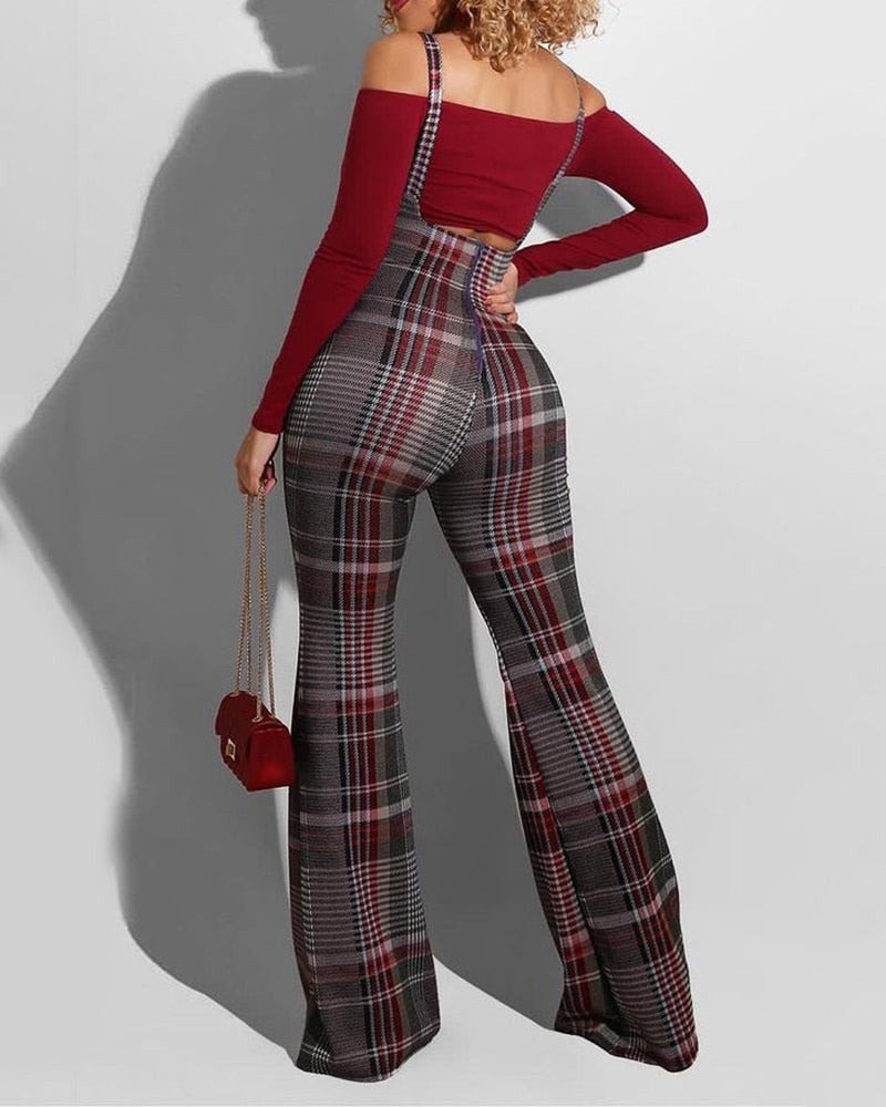 Women Fashion Elegant Casual Plaid Colorblock Suspender Pants