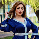 Siskakia Satin Maxi Dress For Women Turkey Arabic Diamond V Neck Long Sleeve Jalabiya Muslim Islamic Ethnic Fall New