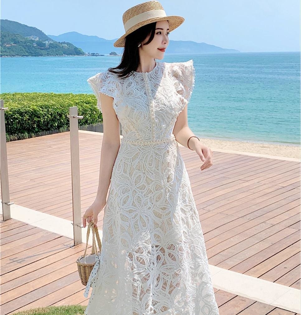 Summer Midi Long Dress For Women Celebrity Flower Embroidery Lace Robe Long Beaded Chain Diamond Chiffon Dresses