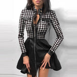 Sexy Stand Collar Print Zipper Long Sleeves Mini Dress Casual Autumn Winter Fashion Pocket Pu Leather Dress Elegant Slim Dresses