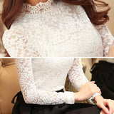 Fashion Plus Size Lace Crocheted Hollow Out Top Stand-up Collar White Blouse Woman Sweet Long Sleeve Shirts Blusas
