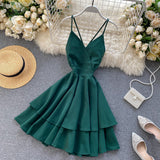 ElveswalleT Summer Spring Beach Holiday V-Neck Backless Lace Up Ruffles Cakes Solid Elegant Women Lady A-line High Waist Dress