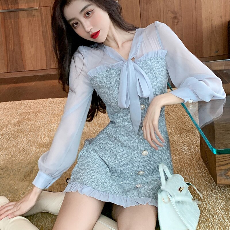 ElveswalleT New Spring Vintage Sexy See-through Chiffon Patchwork Tweed Mini Dress Women Ribbon Bow Single-breasted Long Sleeve Party Dress