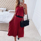 Sexy Women Summer Sexy Dress Spaghetti Strap Dress V-Neck Pink Female Pleated Midi Dress Casual Office Ladies Party Dresses