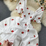 ElveswalleT Strawberry Dress Cherry Kawaii Embroidery Puff Sleeve Dress Women Vintage White Square Neck Beach Dresses Korean Clothes