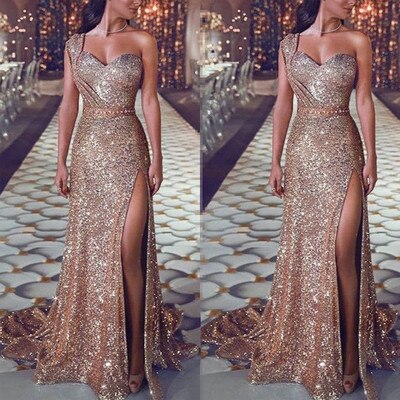 ElveswalleT Big 5XL Fashion Women Dress Sequin Prom Party Fork Opening Ladies Dresses Ball Gown Sexy Gold Evening V-Neck Long Women Dress