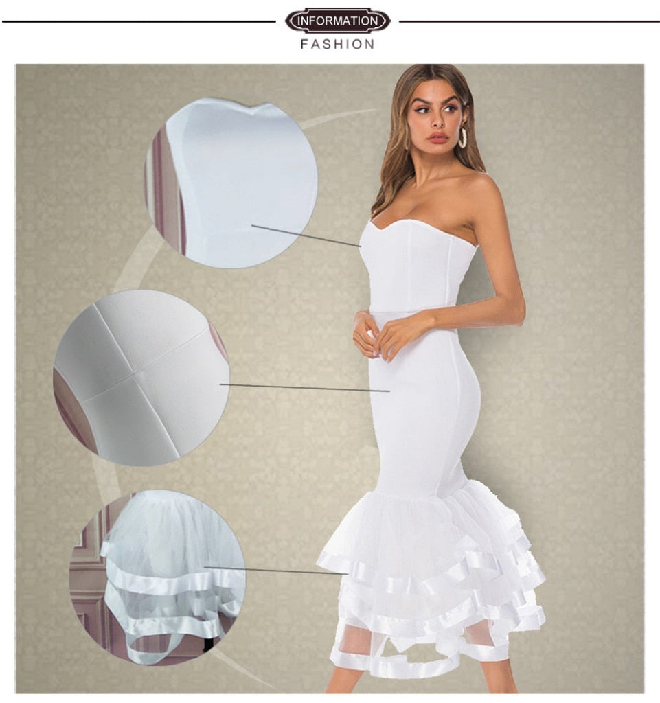 Women White Party Tube Tops Dress Wedding Off Shoulder Sexy Patchwork with Mesh Clubwear Dinner Evening Slim Bodycon Tunic Robes