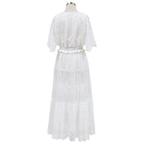 ElveswalleT Hollow Out White Dress Sexy Women Long Lace Dress Cross Semi-Sheer Plunge V-Neck Short Sleeve Lace Maxi Dress