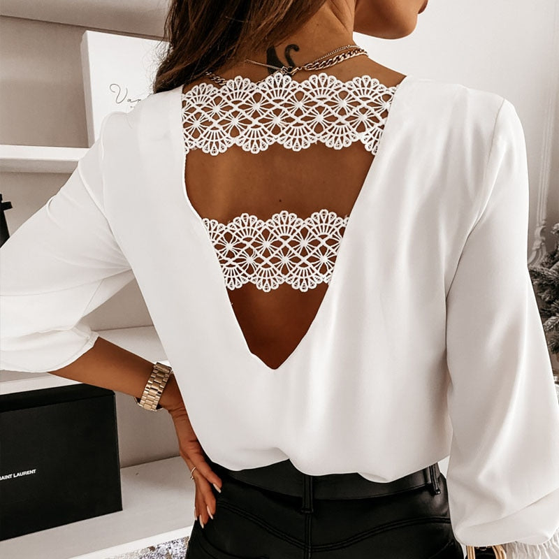 Chic Back V-shaped Hollow Lace Stitching Pullover White Blouse Fashion Sexy V-neck Autumn and Winter Long-sleeved Shirt  12460
