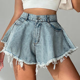 New Women Denim Shorts With Holes And High Waist Loose Tassel Jeans S-XXL